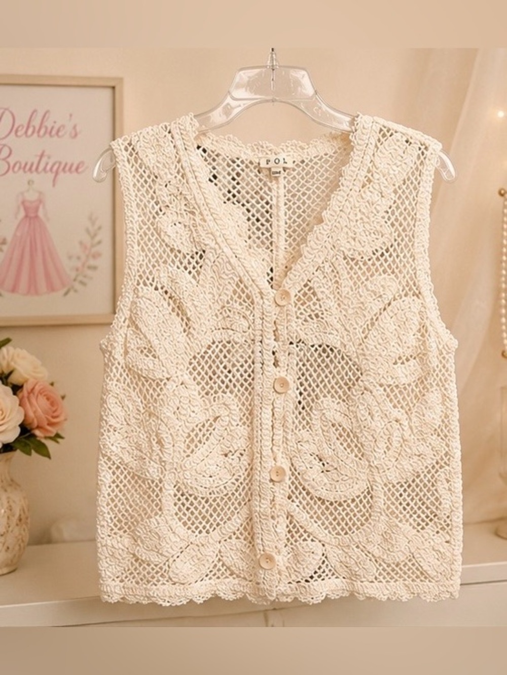 NEW POL Crochet Floral Knit Button Front Vest Top One Size Boho Cottagecore